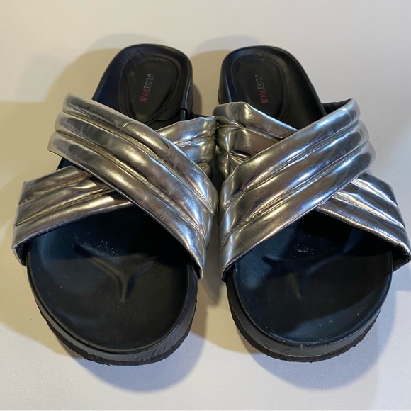 JustFab slides in 11, see pic for scuff on strap, light wear GUC fun puffy strap - Picture 3 of 6